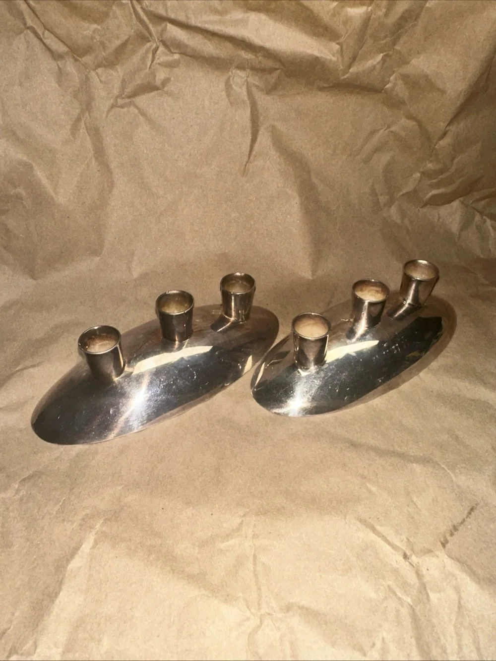 Gorham Silver Tone Oval 3-Arm Candle taper Holders - Pair